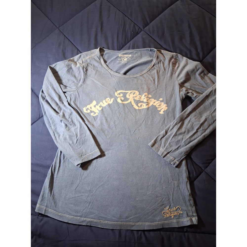True Religion Womens Long Sleeve‎ Logo T-Shirt Blue Cotton Rhinestone Size L